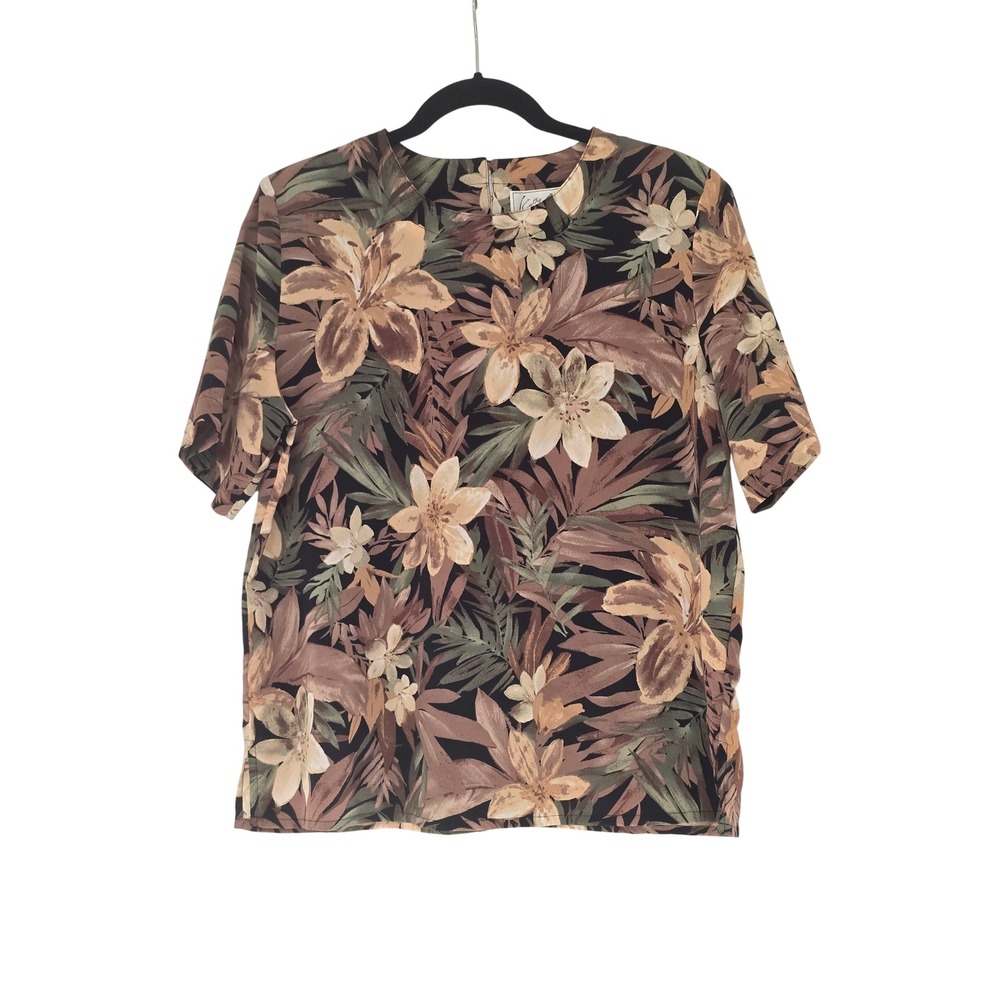 Kathy Che Womens Medium Tropical Floral Blouse Brown Green Short Sleeve Top